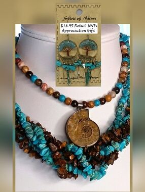 Turquoise/Tiger's Eye Chip Gemstone & Ammonite W Appreciation Earring Gift